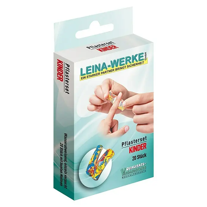 Leina-Werke Pflaster-Set Kinder - 20 Stk., Wasserabweisend - Abbildung einer Packung LEINA-WERKE Pflasterset Kinder mit bunten Motiven, ideal für kleine Verletzungen und Abenteuer im Alltag.