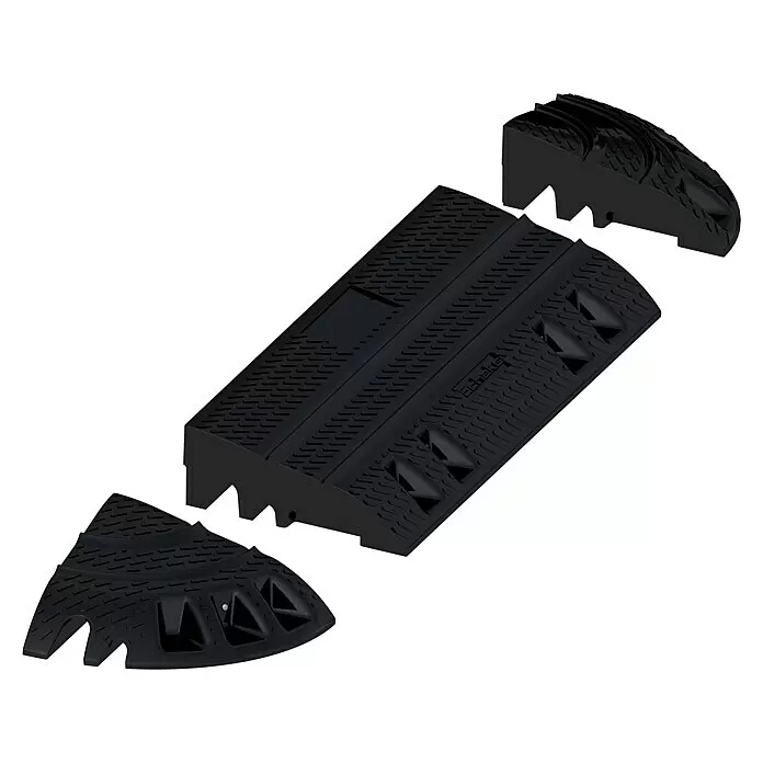 Schake Auffahrrampe - L x B x H: 35 x 35 x 12 cm, linke Seite - Modularer schwarzer Gummi-Kabelschutz mit zwei abgenommenen Endstücken.