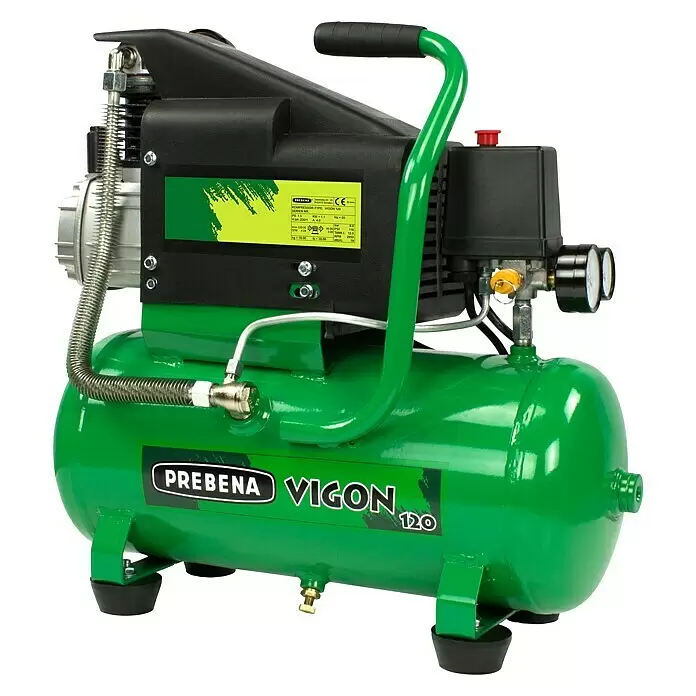 Prebena Kompressor Vigon 120 - Max. Druck: 8 bar, 12 l - Grüner und schwarzer tragbarer Luftkompressor mit Metalltank, Manometern und schwarzem Griff für einfachen Transport.