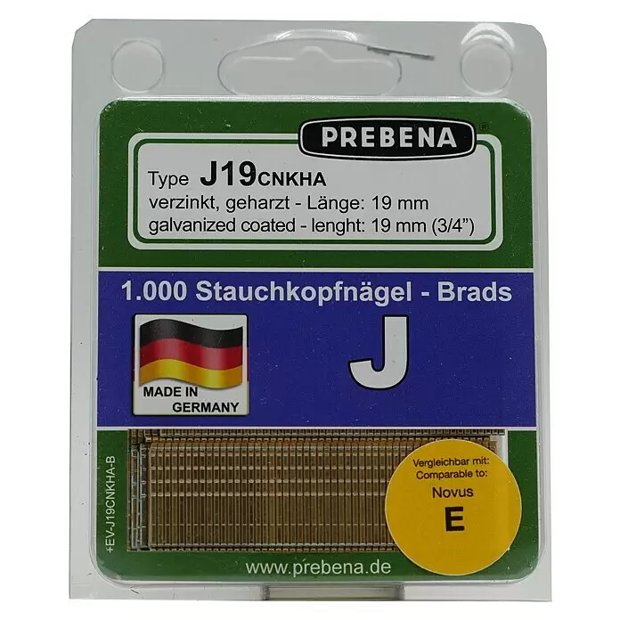 Prebena Stauchkopfnagel Typ J - Länge: 19 mm, 1.000 Stk. - PREBENA Typ J19CNKHA verzinkt geharzte 19mm Brads, 1.000 Stück, in Klarsichtverpackung. Die goldbraunen Nägel sind sichtbar.