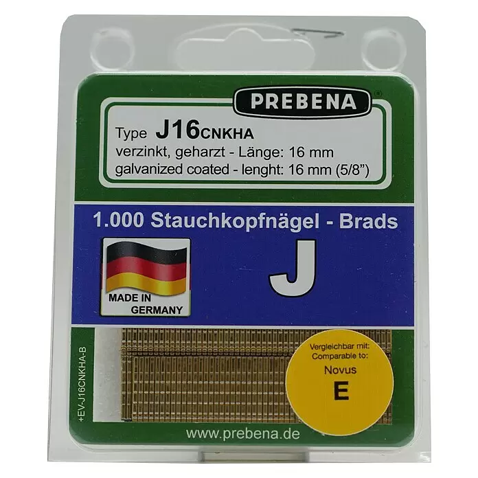 Prebena Stauchkopfnagel Typ J - Länge: 16 mm, 1.000 Stk. - Eine Packung mit 1000 verzinkten Prebena J16CNKHA Stauchkopfnägeln, 16mm lang.