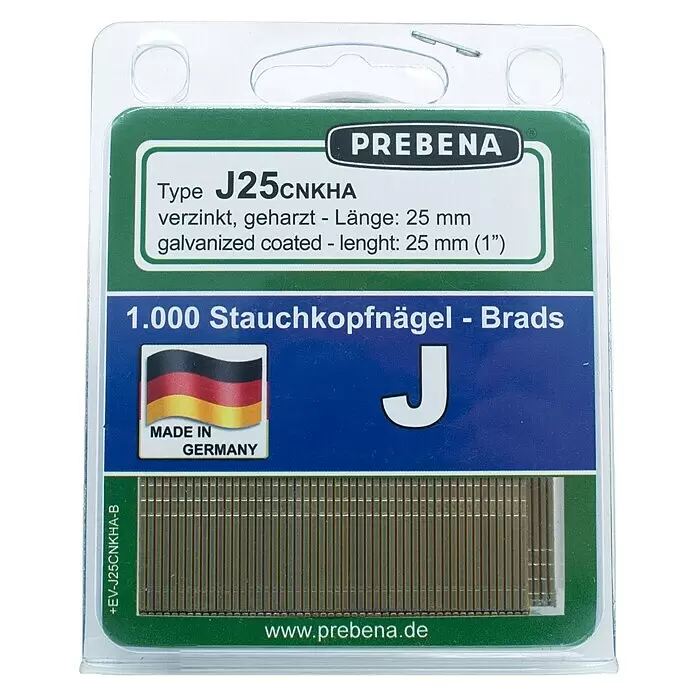 Prebena Stauchkopfnagel Typ J - Länge: 25 mm, 1.000 Stk. - Packung mit 1.000 PREBENA J25CNKHA verzinkten, geharzten Stauchkopfnägeln, 25 mm lang.