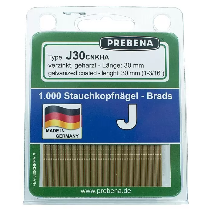 Prebena Stauchkopfnagel Typ J - Länge: 30 mm, 1.000 Stk. - Prebena J30CNKHA verzinkte Stauchkopfnägel, 30mm lang, 1000 Stück in Verpackung.