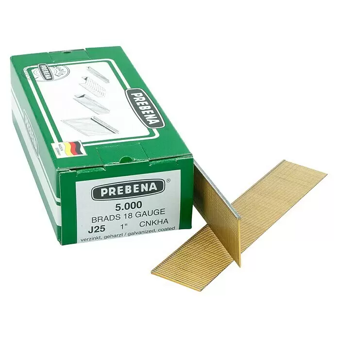 Prebena Stauchkopfnagel Typ J - Länge: 25 mm, 5.000 Stk. - Grüne PREBENA Schachtel mit 5.000 verzinkten 1-Zoll 18-Gauge Brads, mit goldenen Nagelstreifen.