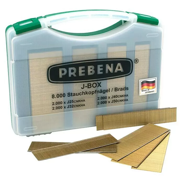 Prebena Stauchkopfnagel-Set Typ J - 8.000 Stk. - PREBENA J-BOX transparente Box mit 8.000 goldfarbenen Stauchkopfnägeln/Brads verschiedener Größen, einige Nägel liegen daneben.