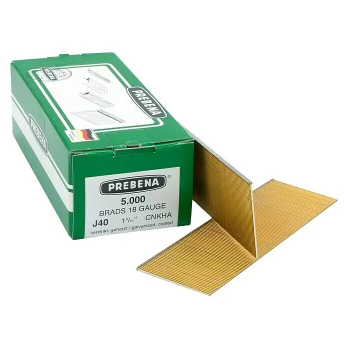 Prebena Stauchkopfnagel Typ J - Länge: 40 mm, 5.000 Stk. - Grüne Prebena Schachtel mit 5.000 goldfarbenen, verzinkten 18-Gauge-Brads (1 9/16 Zoll lang).