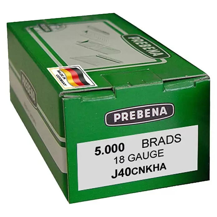 Prebena Stauchkopfnagel Typ J - Länge: 40 mm, 5.000 Stk. - Grüne PREBENA-Box mit 5.000 18-Gauge-Brads, Modell J40CNKHA. Hergestellt in Deutschland.
