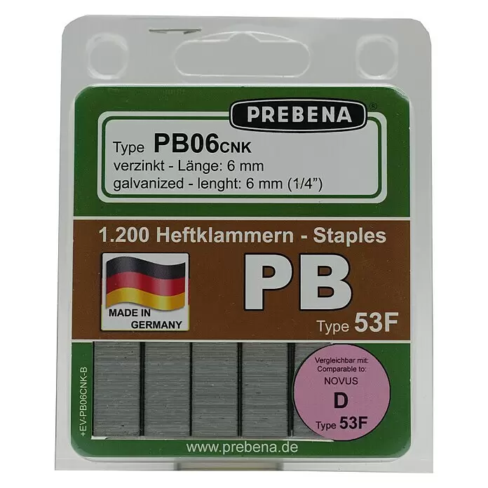 Prebena Heftklammer Typ PB - Länge: 6 mm, Rückenbreite: 11,2 mm, 1.200 Stk. - Vorderansicht