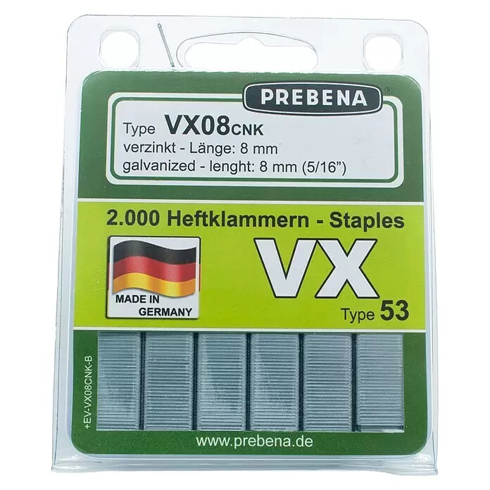 Prebena Heftklammer Typ VX - Länge: 8 mm, Rückenbreite: 11,3 mm, 2.000 Stk. - PREBENA VX08CNK Typ 53 verzinkte Heftklammern, 8mm Länge, 2.000 Stück, in einer transparenten grünen Blisterverpackung.