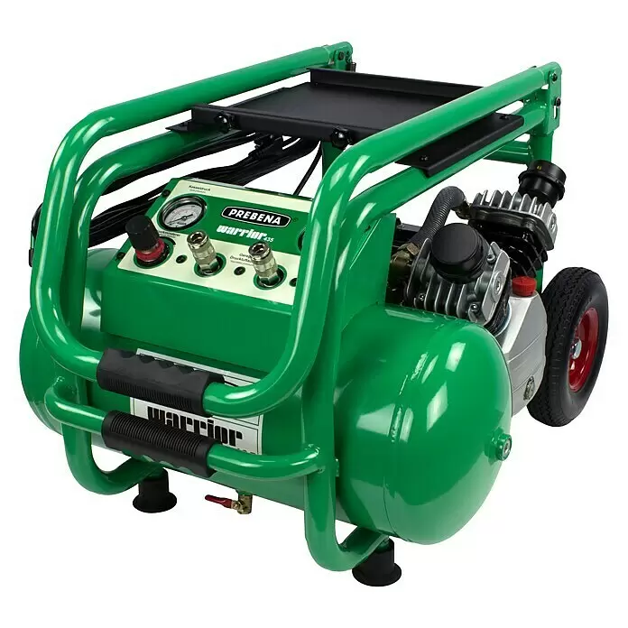 Prebena Kompressor Warrior 435 - Max. Druck: 8 bar, 2.200 W, 25 l - Grüner tragbarer Kompressor mit schwarzen Griffen, Bedienfeld und Rädern.