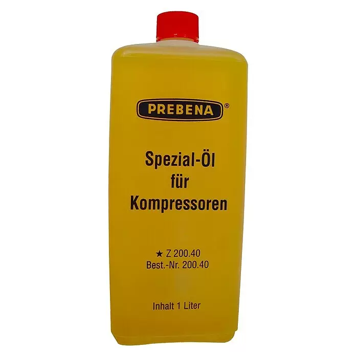 Prebena Spezialöl für Kolbenkompressoren - 1 l - Gelbe PREBENA Flasche mit rotem Verschluss, enthält 1 Liter Spezial-Kompressorenöl.