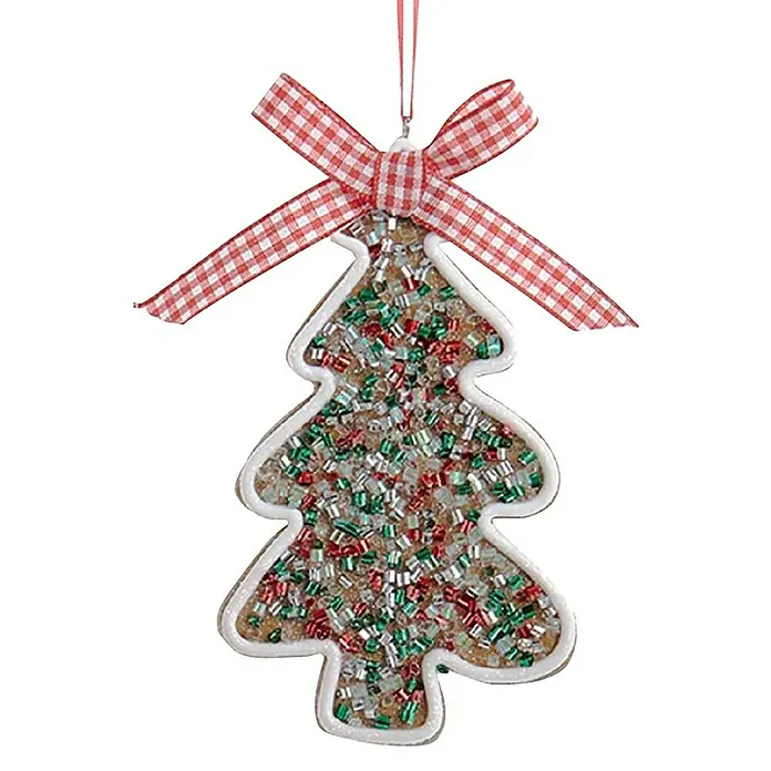 Kurt S. Adler Christbaumschmuck Lebkuchen Baum 5 - Braun, Kunststoff - Ein dekorativer, weihnachtlicher Christbaumschmuck mit rot-weiß karierter Schleife und bunten Perlen.