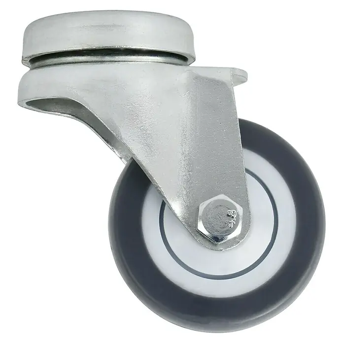 Stabilit Apparate-Lenkrolle - Durchmesser Rollen: 50 mm, Traglast: 45 kg, Kugellager, Mit Rückenloch - Ein silbernes Lenkrolle mit grauem Rad und Bolzen, ideal für Möbel oder Industrieanwendungen. Robuste Konstruktion für hohe Belastbarkeit.