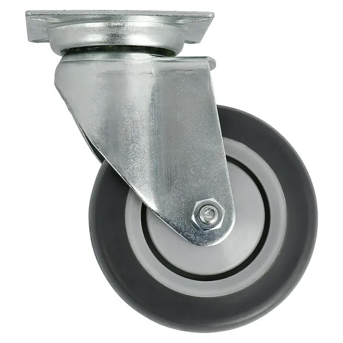 Stabilit Apparate-Lenkrolle - Durchmesser Rollen: 75 mm, Traglast: 50 kg, Kugellager, Mit Platte - Nahaufnahme eines Lenkrads mit verzinkter Stahlhalterung und grauem Rad für Möbel oder Geräte.