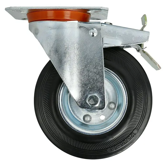Stabilit Rueda de transporte industrial - Diámetro ruedas: 125 mm, Capacidad de carga: 100 kg, Rodamiento de rodillos, Con placa y freno - Rueda giratoria con freno, robusta y fiable para uso versátil en taller e industria, con rueda negra y carcasa plateada.