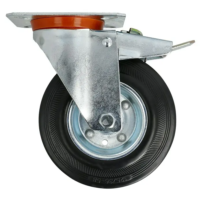 Stabilit Transportgeräterolle - Durchmesser Rollen: 125 mm, Traglast: 100 kg, Rollenlager, Mit Platte und Feststeller - Schwenkrolle mit Bremse und schwarzer Gummibereifung, ideal für den Einsatz in Industrie und Werkstatt. Robuste Konstruktion für hohe Belastbarkeit.