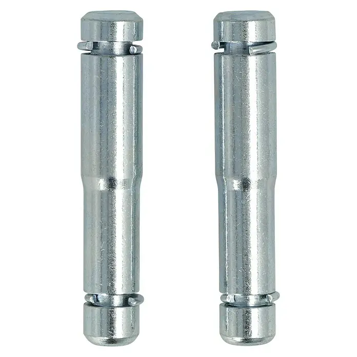 Stabilit Bundstift - Loch-/ Stiftdurchmesser: 11 mm, Geeignet für: Rückenloch 10 mm, 2 Stk. - Nahaufnahme von zwei silbernen Gleitstiften für Bremsen. Die Stifte haben eine zylindrische Form mit abgerundeten Enden und Sicherungsringen.