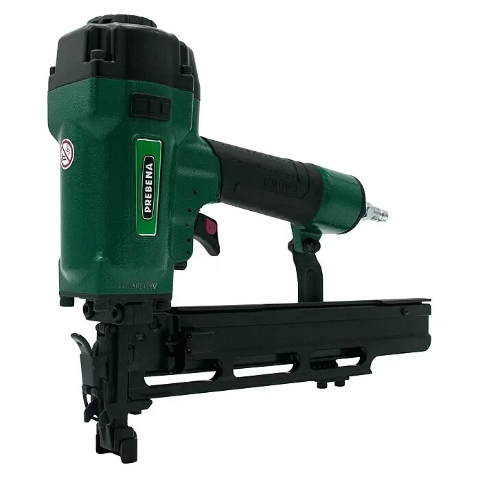 Prebena Druckluftnagler 4C-Z50 - Betriebsdruck: 5 bar - 8 bar, Passend für: Prebena Heftklammern der Type Z von 16 - 50 mm - Grün-schwarzer Druckluftnagler mit Griff und Magazin.