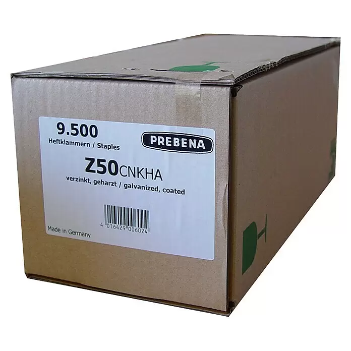 Prebena Heftklammer Typ Z - Länge: 50 mm, Rückenbreite: 11,2 mm, 9.500 Stk. - Brauner Karton mit PREBENA Z50CNKHA verzinkten und beschichteten Heftklammern, 9.500 Stück.