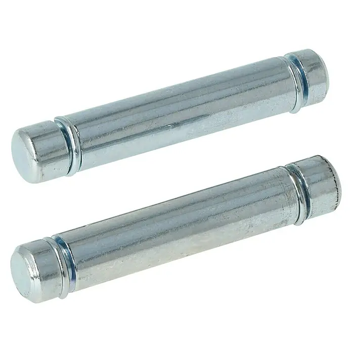 Stabilit Bundstift - Loch-/ Stiftdurchmesser: 10 mm, Geeignet für: Rückenloch 10 mm, 2 Stk. - Zwei silberne Bremsbelagstifte mit abgerundeten Enden, die auf einem schwarzen Hintergrund liegen. Für eine sichere Bremsleistung.