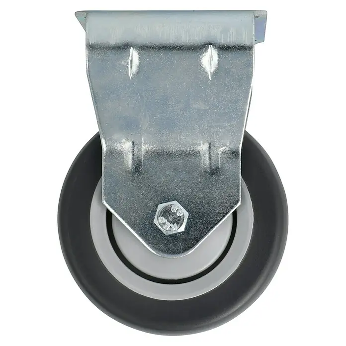 Stabilit Apparate-Bockrolle - Durchmesser Rollen: 75 mm, Traglast: 50 kg, Kugellager, Höhe: 101 mm - Ansicht eines Lenkrollenprodukts mit einem Metallrahmen und einem grauen Rad, das für eine reibungslose Bewegung ausgelegt ist.