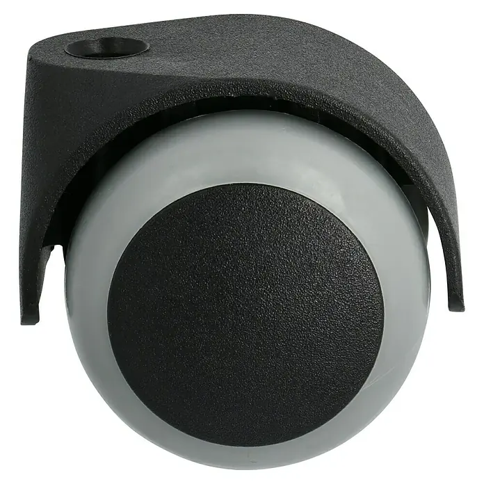 Stabilit Doppelrolle - Durchmesser Rollen: 50 mm, Traglast: 40 kg, Gleitlager, Mit Rückenloch, Durchmesser Rückenloch: 8 mm - Nahaufnahme eines Bürostuhlrads mit schwarzer Halterung und grau-schwarzem Ball.