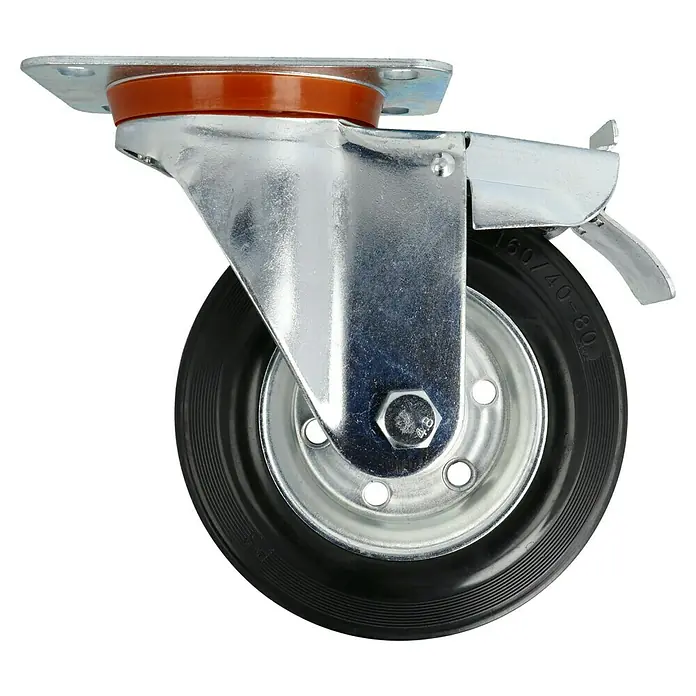 Stabilit Rueda de transporte industrial - Diámetro ruedas: 160 mm, Capacidad de carga: 150 kg, Rodamiento de rodillos, Con placa y freno - Rueda giratoria con freno para movilidad flexible. Construcción robusta para un rendimiento fiable y una posición segura.