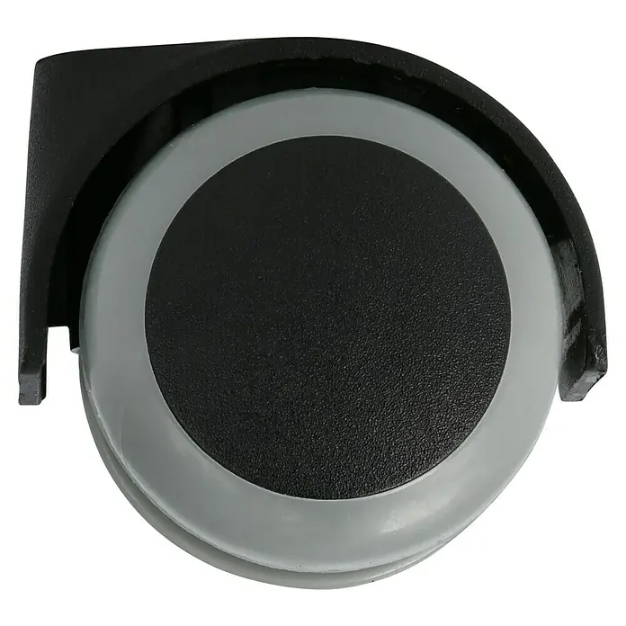 Stabilit Doppelrolle - Durchmesser Rollen: 50 mm, Traglast: 40 kg, Gleitlager, Mit Rückenloch, Durchmesser Rückenloch: 8 mm - Nahaufnahme eines Bürostuhlrads mit schwarzer Nabe und grauer Umrandung, befestigt an einer schwarzen Halterung.
