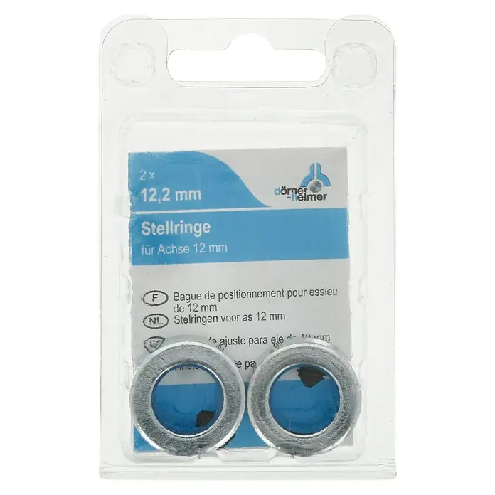 Stabilit Stellring - Geeignet für: Lufträder 12 mm Achsendurchmesser, Durchmesser: 22 mm, Verzinkt - Abbildung einer Packung mit zwei 12,2 mm Stellringen für Achsen mit 12 mm Durchmesser, präsentiert in einer durchsichtigen Kunststoffverpackung.