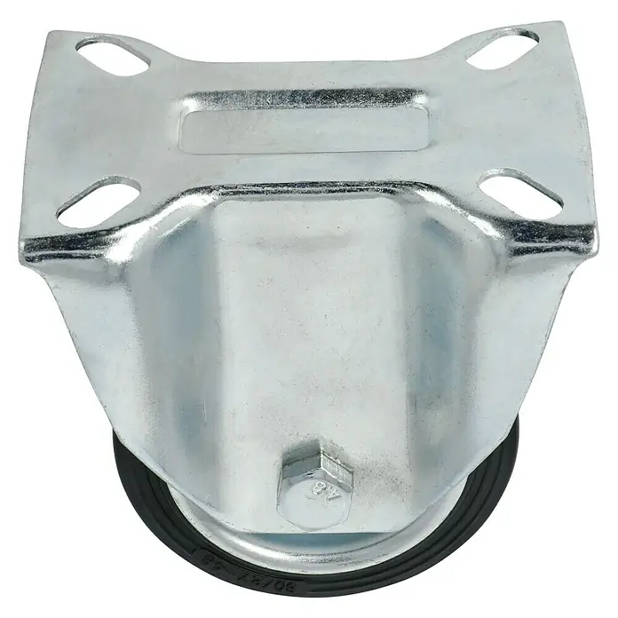 Stabilit Transportgeräte-Bockrolle - Durchmesser Rollen: 80 mm, Traglast: 50 kg, Rollenlager, Höhe: 107 mm - Nahaufnahme eines robusten Lenkrollers mit Metallgehäuse und schwarzem Rad für vielseitige Mobilität.