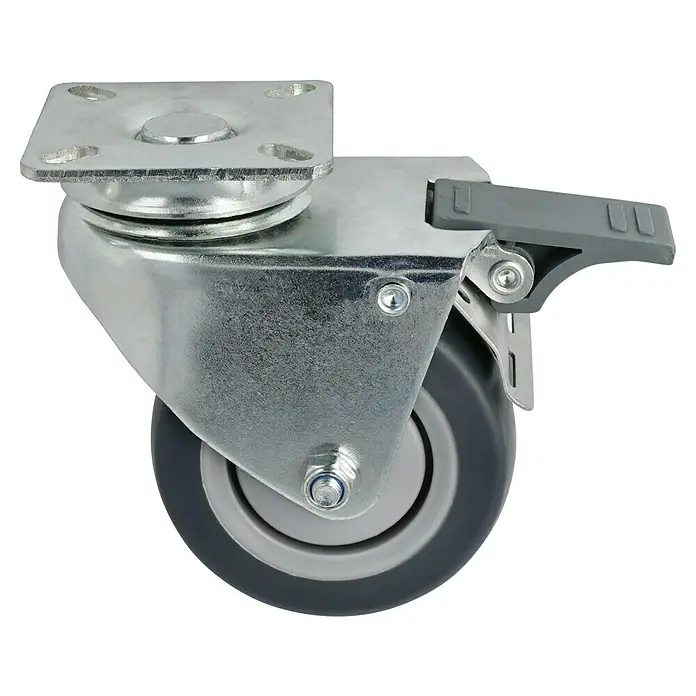 Stabilit Apparate-Doppelrolle - Durchmesser Rollen: 75 mm, Traglast: 100 kg, Kugellager, Mit Platte und Feststeller - Eine Nahaufnahme eines grauen Lenkrollen-Produktes mit Bremse, das für Möbel oder industrielle Anwendungen geeignet ist.