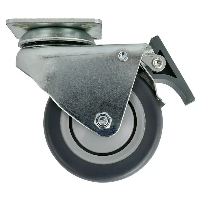 Stabilit Apparate-Doppelrolle - Durchmesser Rollen: 75 mm, Traglast: 100 kg, Kugellager, Mit Platte und Feststeller - Nahaufnahme eines robusten Lenkrollen, ideal für den industriellen Einsatz, mit Feststellbremse für zusätzliche Sicherheit.