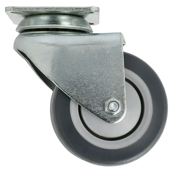 Stabilit Apparate-Doppelrolle - Durchmesser Rollen: 75 mm, Traglast: 100 kg, Kugellager, Mit Platte - Nahaufnahme einer Lenkrolle mit grauer Gummibereifung und verzinktem Stahlgehäuse.