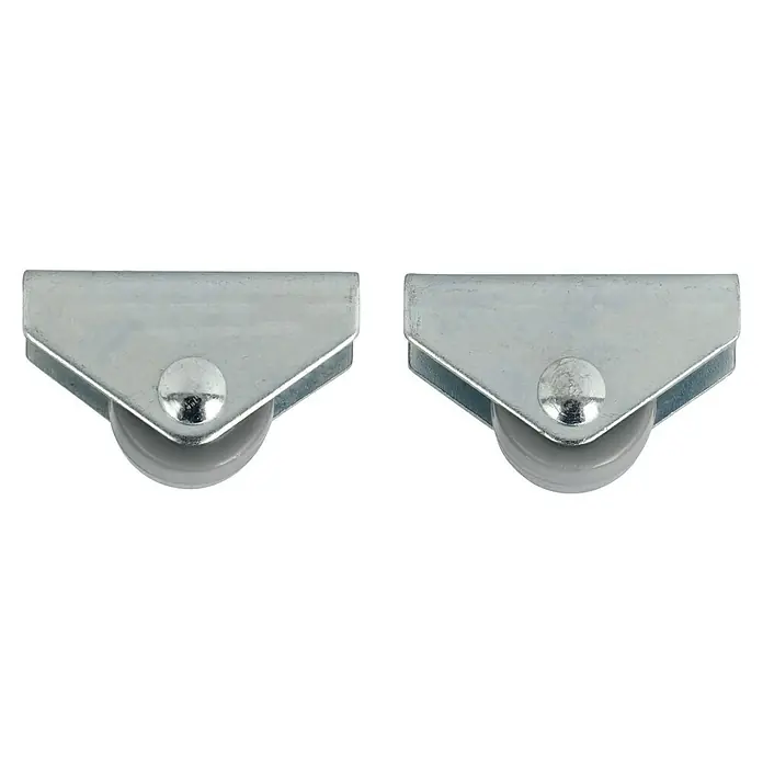 Stabilit Möbel-Bockrolle - Durchmesser Rollen: 15 mm, Traglast: 20 kg, Gleitlager, Höhe: 18 mm - Zwei Rollen für Schiebetüren oder Möbel, mit einem robusten Metallrahmen und einer leichtgängigen, grauen Kunststoffrolle für reibungslose Bewegungen.
