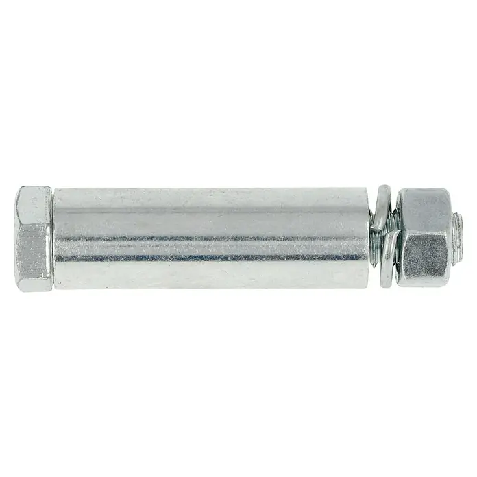 Stabilit Befestigungs-Set - Nabenlänge: 60 mm, Bohrung: 20 mm - Nahaufnahme eines Metallspreizankers mit Schraube, Unterlegscheibe und Mutter, ideal für Befestigungen in Beton und Mauerwerk.