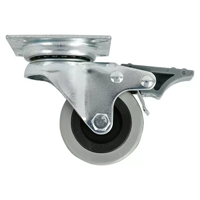 Stabilit Rueda giratoria para equipos - Diámetro ruedas: 50 mm, Capacidad de carga: 45 kg, Material rueda: Goma, Con placa y freno, Casquillo liso - Rueda giratoria plateada con freno de plástico gris y rueda de goma gris.