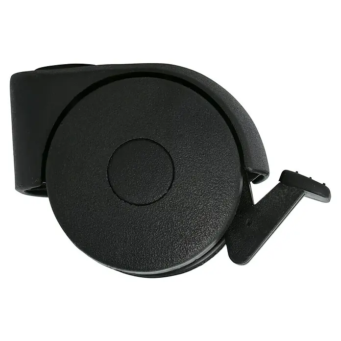 Stabilit Doppelrolle - Durchmesser Rollen: 50 mm, Traglast: 30 kg, Gleitlager, Mit Rückenloch und Feststeller, Durchmesser Rückenloch: 8 mm - Eine Nahaufnahme eines schwarzen Bürostuhlrads mit Bremse, das die Textur und das Design des Produkts hervorhebt.