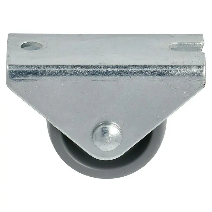 Stabilit Möbel-Bockrolle - Durchmesser Rollen: 25 mm, Traglast: 40 kg, Gleitlager, Höhe: 28 mm - Detailansicht einer Lenkrolle mit grauer Rolle und silberfarbener Halterung, ideal für Möbel oder Geräte. Die Rolle ermöglicht leichtes Bewegen.