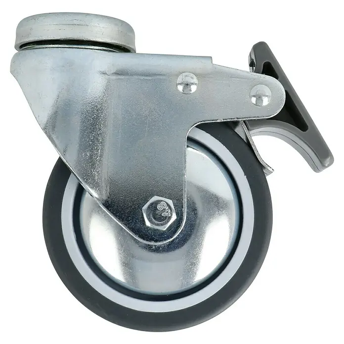 Stabilit Rueda giratoria para equipos - Diámetro ruedas: 75 mm, Capacidad de carga: 50 kg, Casquillo liso, Con agujero pasante y freno - Cojinete de rodillos con freno. El robusto cojinete garantiza movilidad y una posición segura. El freno evita que se mueva solo.