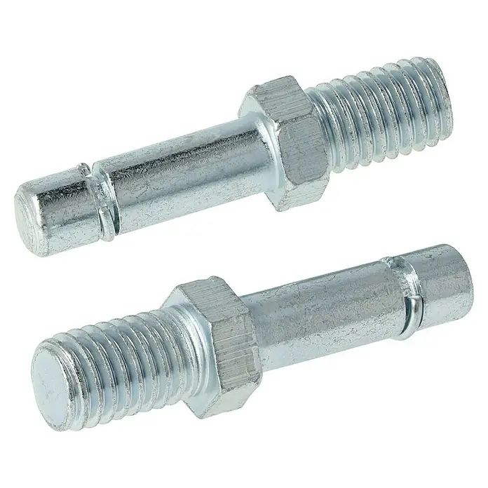 Stabilit Gewindestift - Höhe: 44 mm, Loch-/ Stiftdurchmesser: 8 mm, M 10 - Nahaufnahme von zwei silbernen Bolzen mit Gewinde und Sechskantkopf auf schwarzem Hintergrund. Ideal für Heimwerker- und Industrieprojekte.