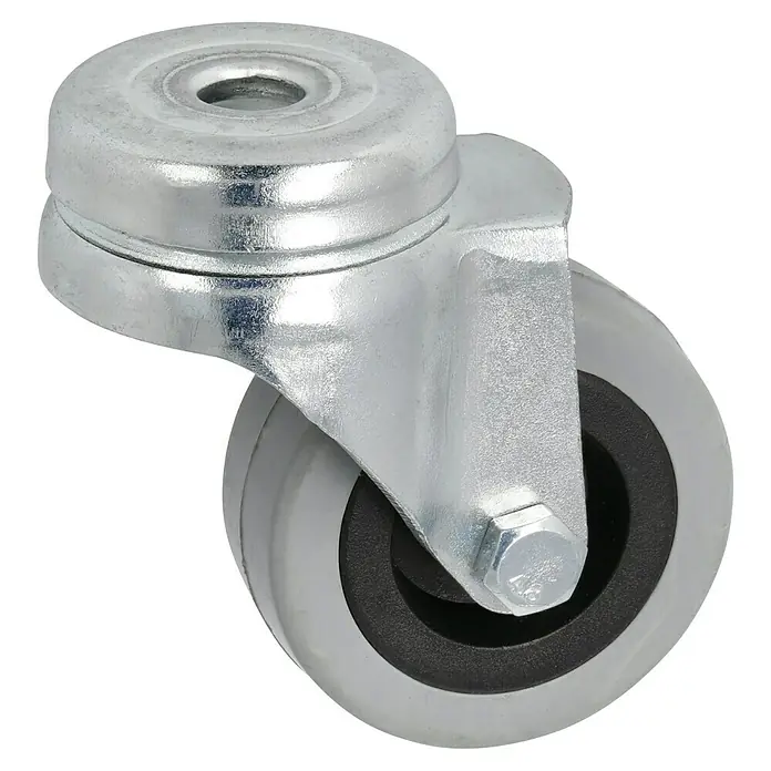 Stabilit Apparate-Lenkrolle - Durchmesser Rollen: 50 mm, Traglast: 45 kg, Material Rad: Gummi, Mit Rückenloch, Gleitlager - Ein silbernes Lenkrolle mit grauem Rad und schwarzer Felge vor einem schwarzen Hintergrund.