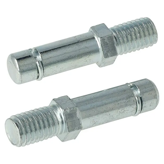 Stabilit GewindestiftHöhe: 48 mm, Loch-/ Stiftdurchmesser: 10 mm, M 10 - Nahaufnahme von zwei silbernen Bolzen mit Gewinde, die auf einem schwarzen Hintergrund liegen. Sie haben ein sechseckiges Mittelteil.