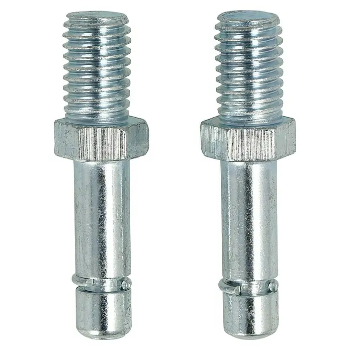 Stabilit Gewindestift - Höhe: 44 mm, Loch-/ Stiftdurchmesser: 8 mm, M 10 - Zwei silberfarbene Bolzen mit Gewinde und Sechskantkopf sind auf einem schwarzen Hintergrund zu sehen. Ideal für sichere Befestigungen.