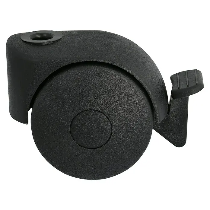 Stabilit Doppelrolle - Durchmesser Rollen: 50 mm, Traglast: 30 kg, Gleitlager, Mit Rückenloch und Feststeller, Durchmesser Rückenloch: 8 mm - Schwarze Bürostuhlrolle mit Bremse. Die Rolle ist aus robustem Kunststoff gefertigt und sorgt für Mobilität und Stabilität.
