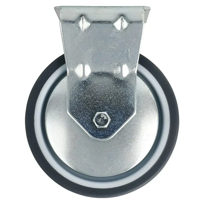 Stabilit Apparate-Bockrolle - Durchmesser Rollen: 100 mm, Traglast: 55 kg, Gleitlager, Höhe: 124 mm - Nahaufnahme einer Lenkrolle mit grauer Lauffläche und verzinktem Stahlgehäuse, die eine hohe Tragfähigkeit und Stabilität bietet.