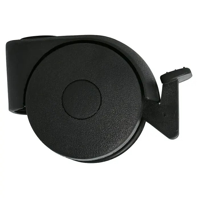 Stabilit Doppelrolle - Durchmesser Rollen: 50 mm, Traglast: 30 kg, Gleitlager, Mit Rückenloch und Feststeller, Durchmesser Rückenloch: 8 mm - Detailaufnahme einer schwarzen Bürostuhlrolle. Die Rolle ist aus robustem Kunststoff gefertigt und für den Einsatz auf Teppichböden konzipiert.
