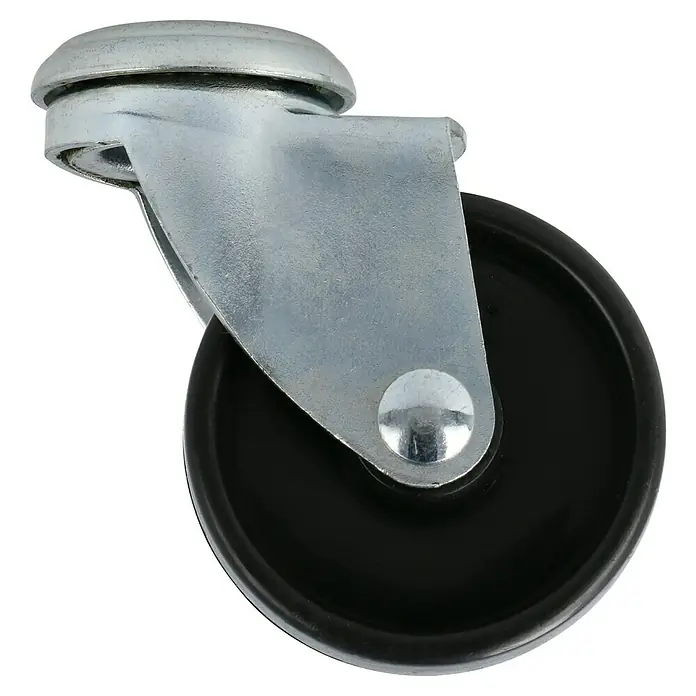 Stabilit Rueda giratoria para muebles - 50 mm, Capacidad de carga: 35 kg, Casquillo liso, Altura: 66 mm, Con agujero pasante - Primer plano de una rueda giratoria con una rueda negra y soporte de metal, sobre un fondo negro.