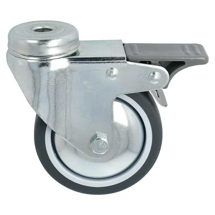 Stabilit Apparate-LenkrolleDurchmesser Rollen: 75 mm, Traglast: 50 kg, Gleitlager, Mit Rückenloch und Feststeller - Lenkrolle mit Bremse. Diese stabile Möbelrolle ist ideal für den Einsatz an Schränken, Tischen oder anderen beweglichen Möbeln.