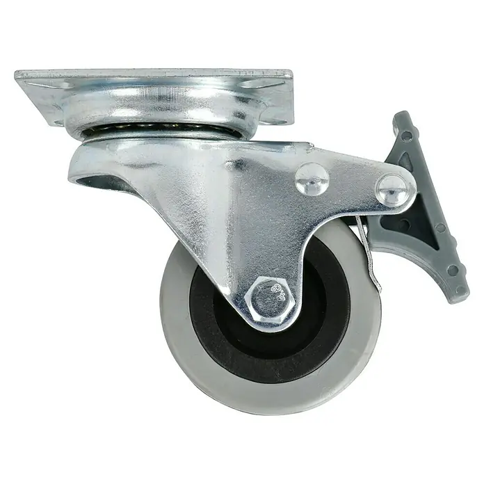 Stabilit Apparate-Lenkrolle - Durchmesser Rollen: 50 mm, Traglast: 45 kg, Material Rad: Gummi, Mit Platte und Feststeller, Gleitlager - Lenkrolle mit Bremse. Die Lenkrolle hat eine graue Lauffläche und ein verchromtes Gehäuse. Das Befestigungselement ist eine Platte.