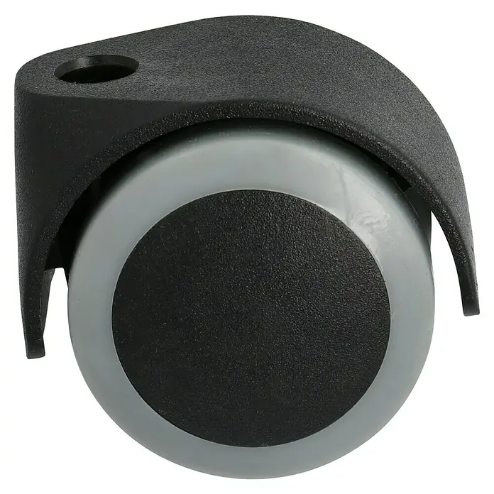 Stabilit Doppelrolle - Traglast: 40 kg, Schwarz/Grau, Thermoplastische Elastomere (TPE), Durchmesser Rückenloch: 10 mm - Nahaufnahme eines Bürostuhlrads mit schwarzer Halterung und grauem Rand, das auf seinem Lager drehbar ist.